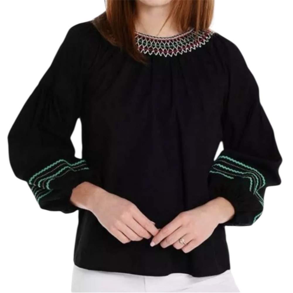 Joie Embroidered Black Puff Sleeve Blouse
